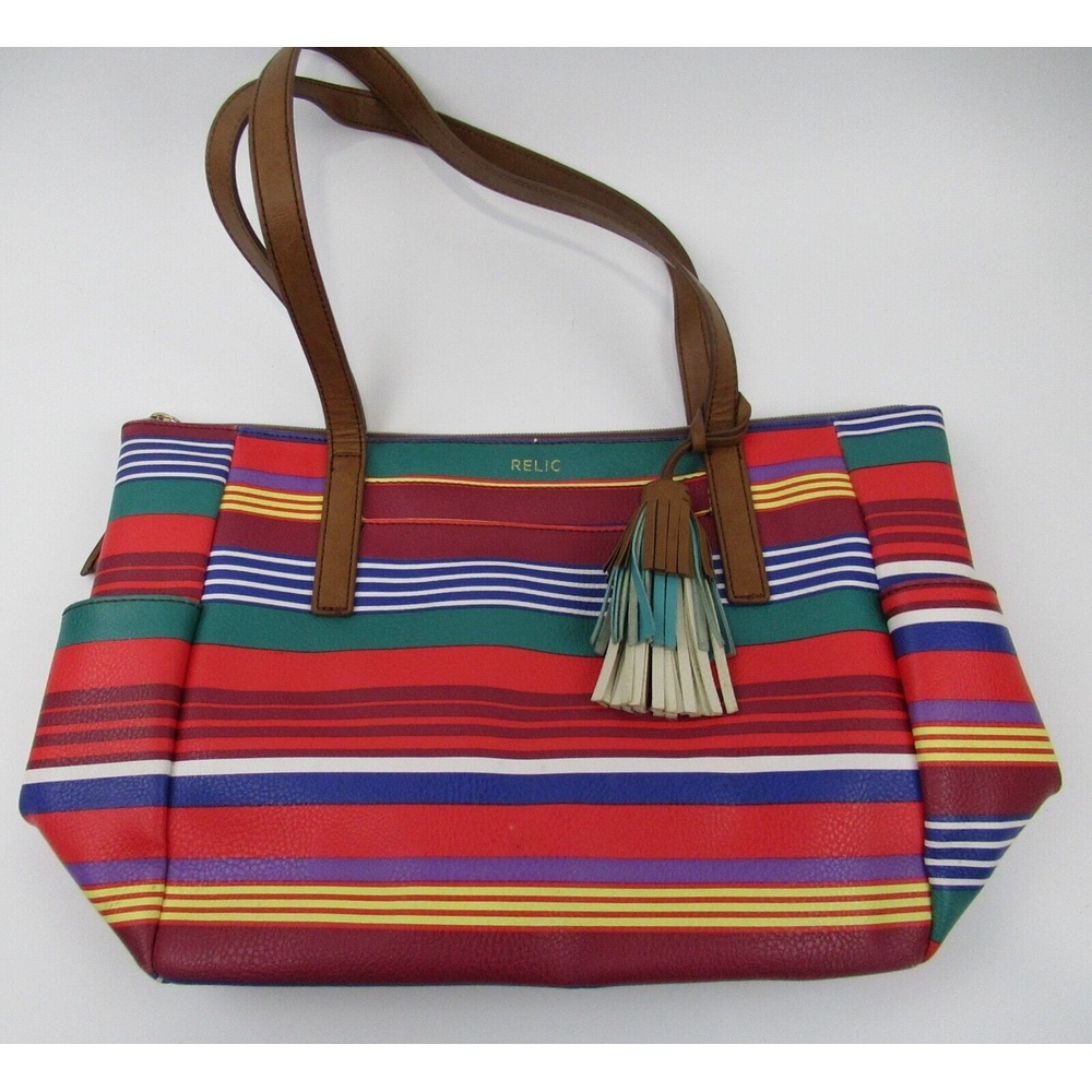 Relic by Fossil Womens‎ Striped Tote Handbag Purse Leather Tassle Multicolor